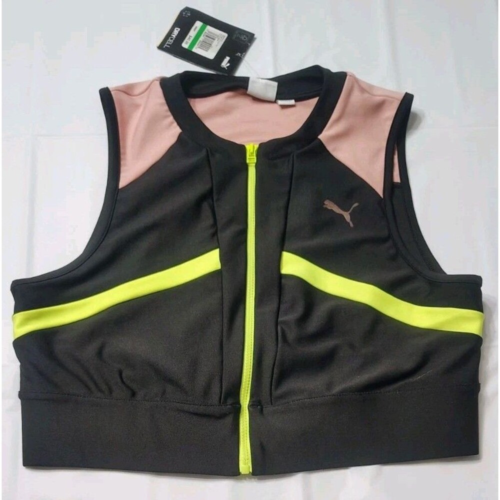 NEW PUMA Chase Full Zip Crop Top Black Pink Neon Yellow Women's Size L Sporty